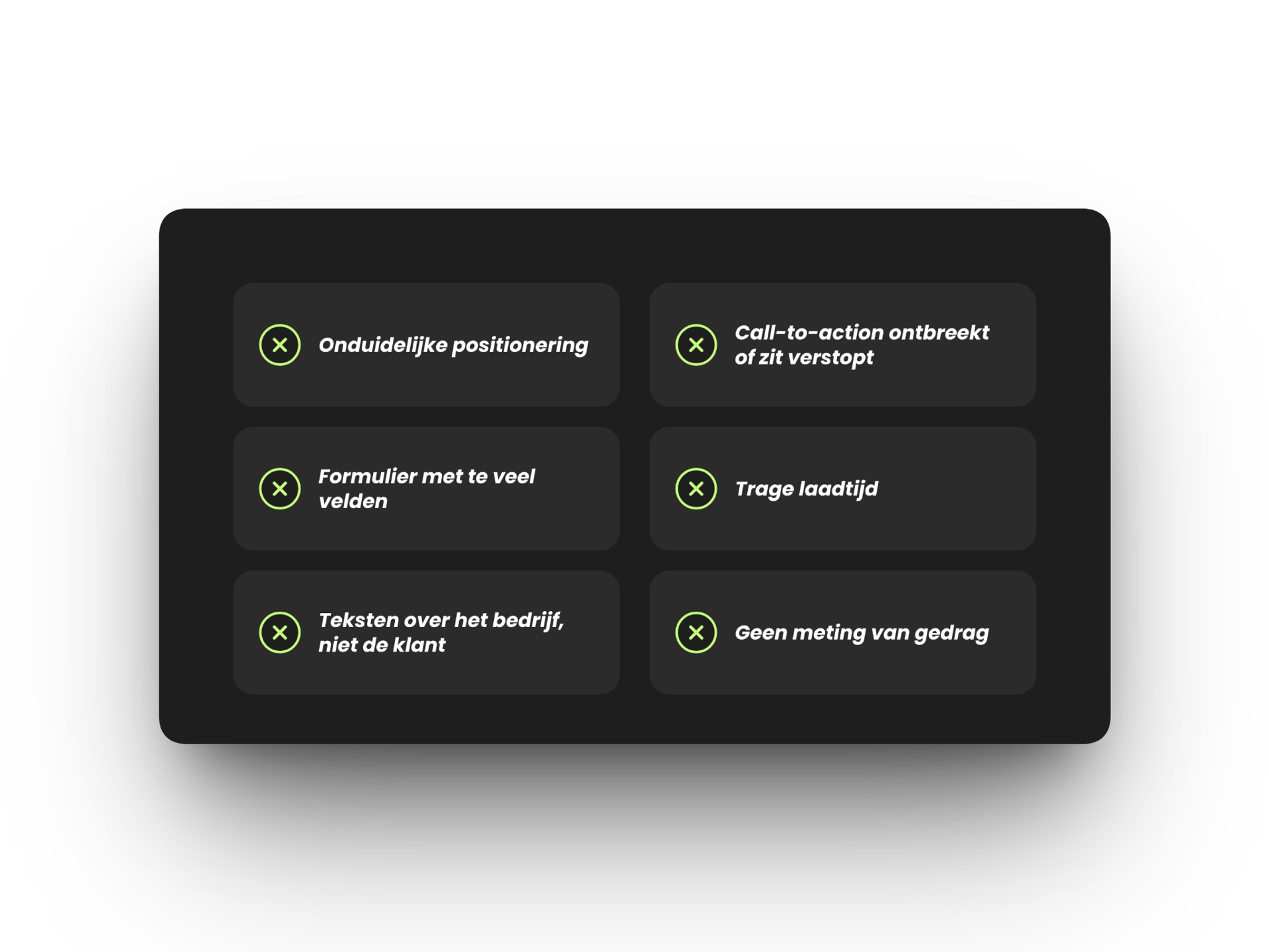 Zes veelgemaakte fouten bij websites die niet converteren, zoals een onduidelijke positionering, een verstopte call-to-action, een formulier met te veel velden en geen meting van gedrag.