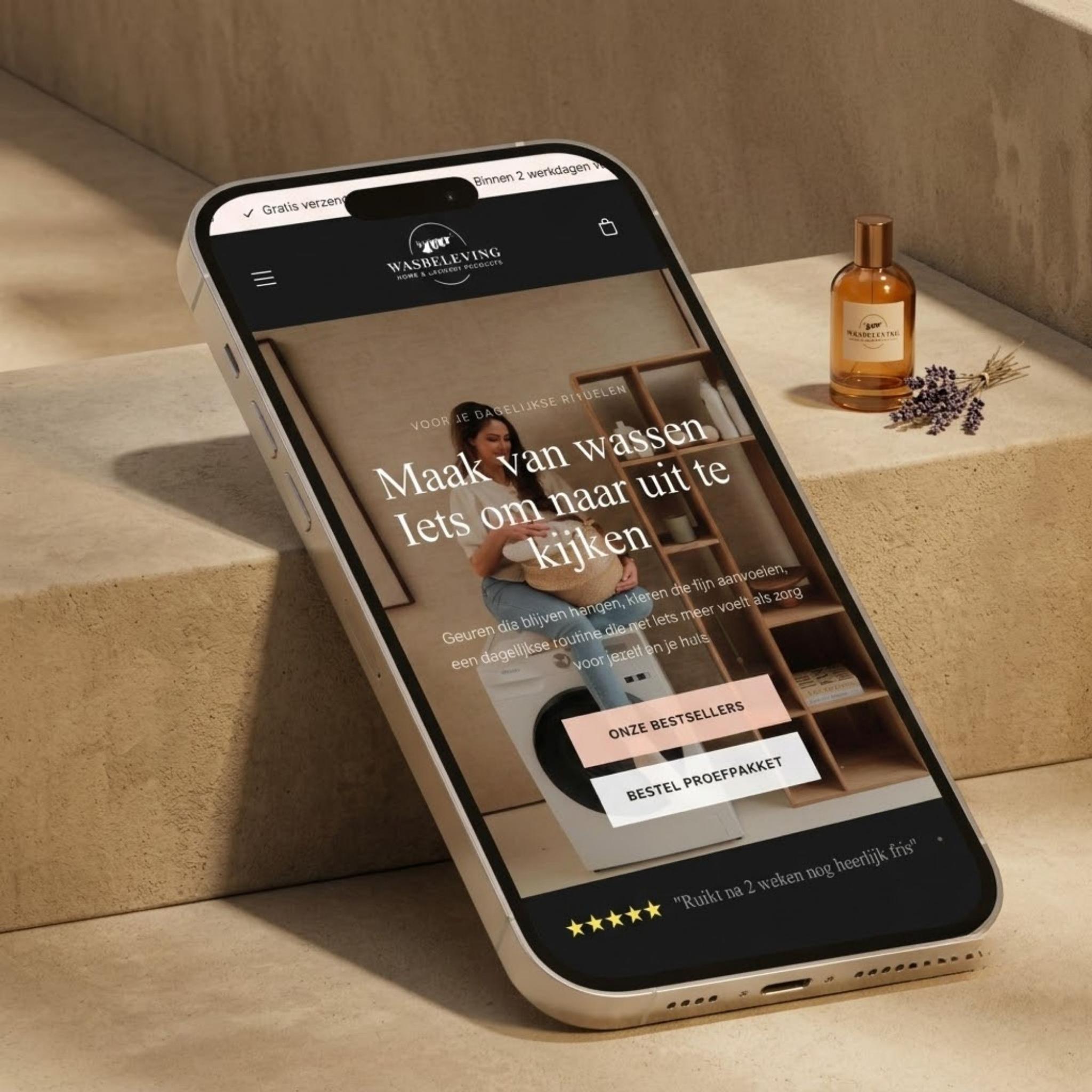 Mobiele homepage van de Shopify webshop van Wasbeleving, gemaakt door HYPE Agency