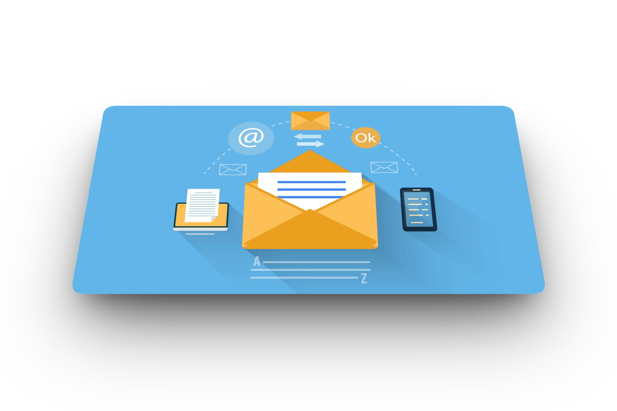 Illustratie van e-mailmarketing: een open envelop met een brief, omringd door e-mail- en documenticonen