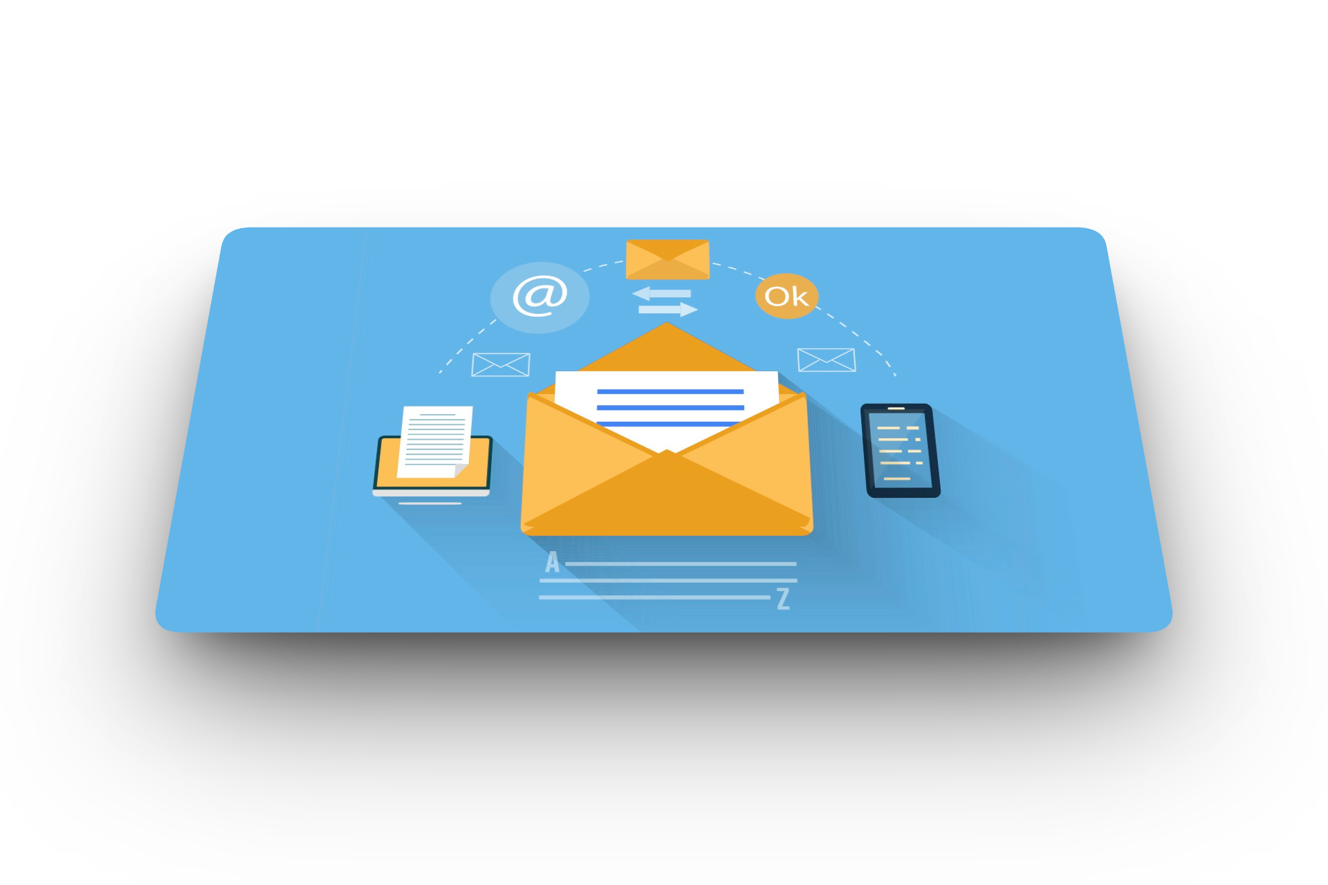 Illustratie van e-mailmarketing: een open envelop met een brief, omringd door e-mail- en documenticonen