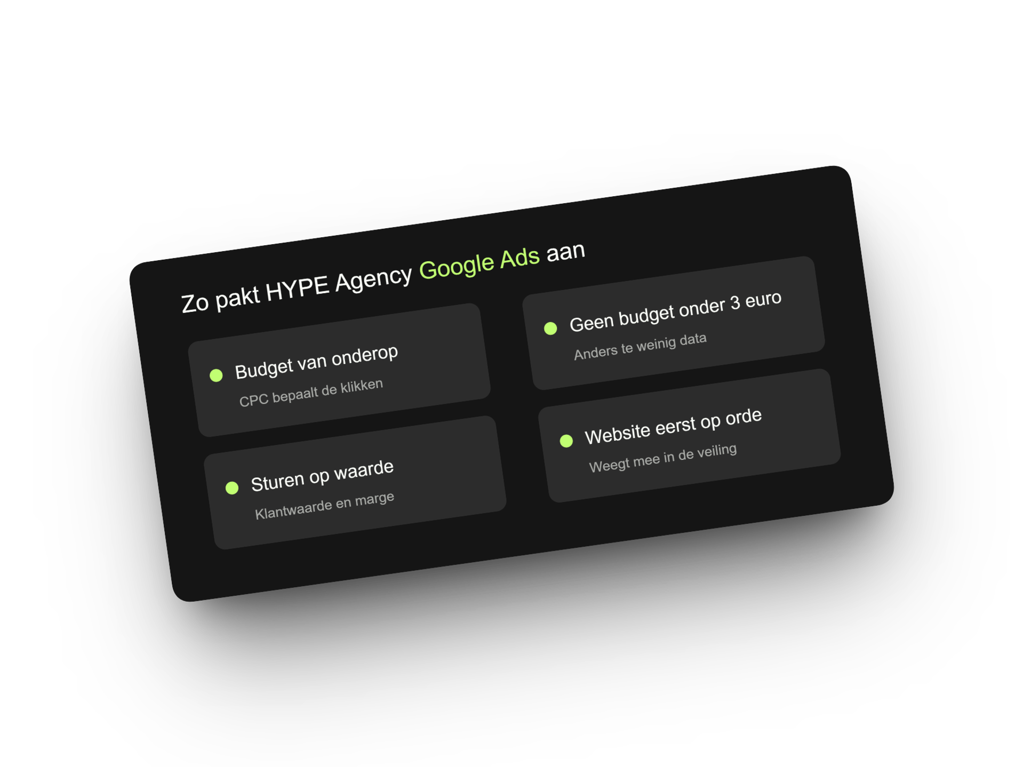Vier uitgangspunten van HYPE Agency voor Google Ads: budget van onderop, geen dagbudget onder 3 euro, sturen op waarde en eerst de website op orde