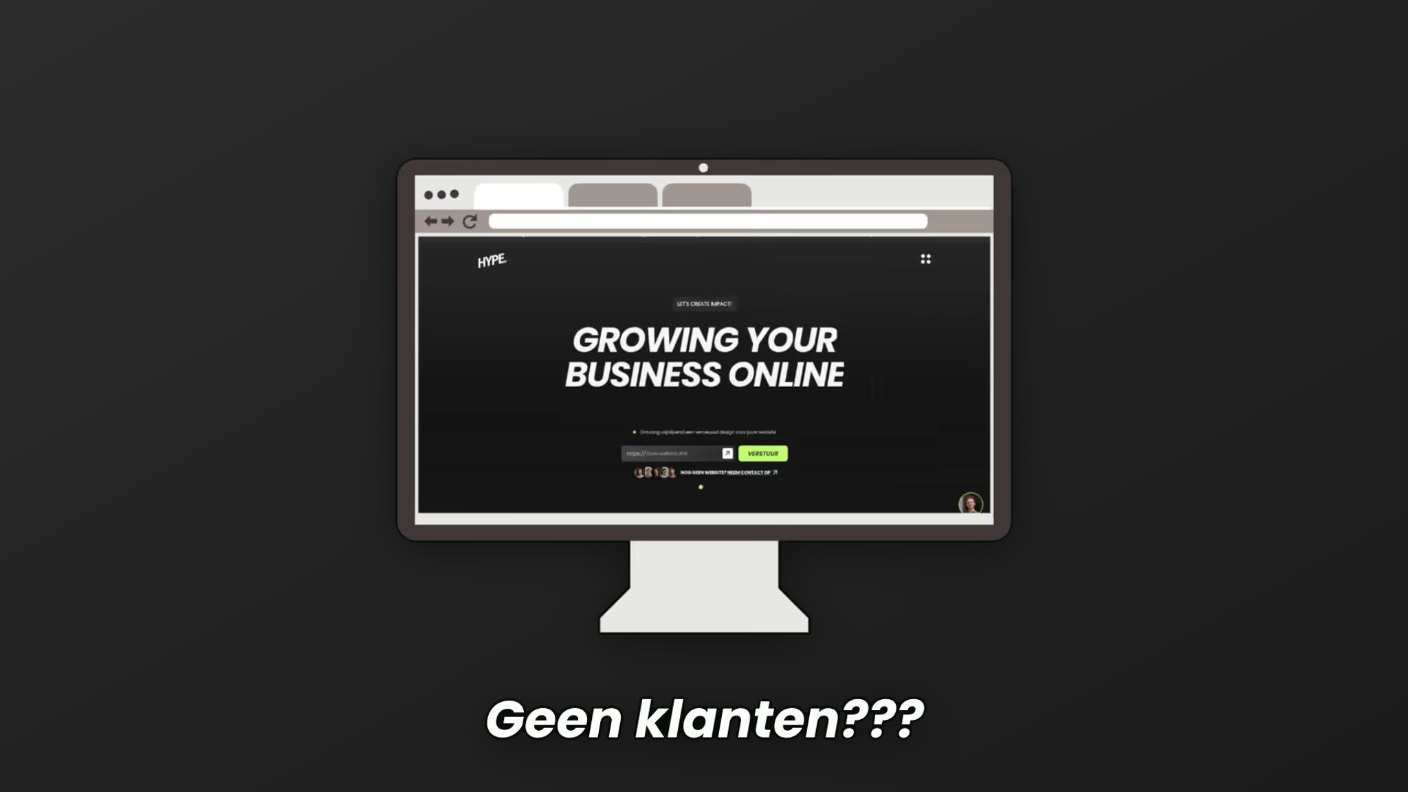 Computerscherm met een website en de tekst 'Geen klanten???'