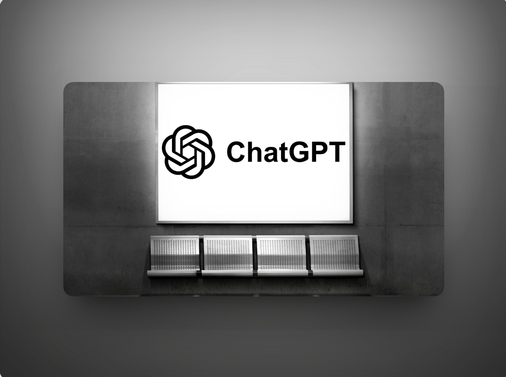 Billboard met het ChatGPT-logo boven een rij wachtbankjes