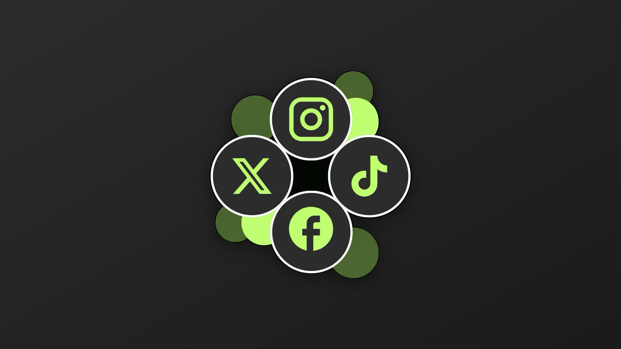 Iconen van Instagram, TikTok, Facebook en X in een cirkel op een zwart-groene achtergrond