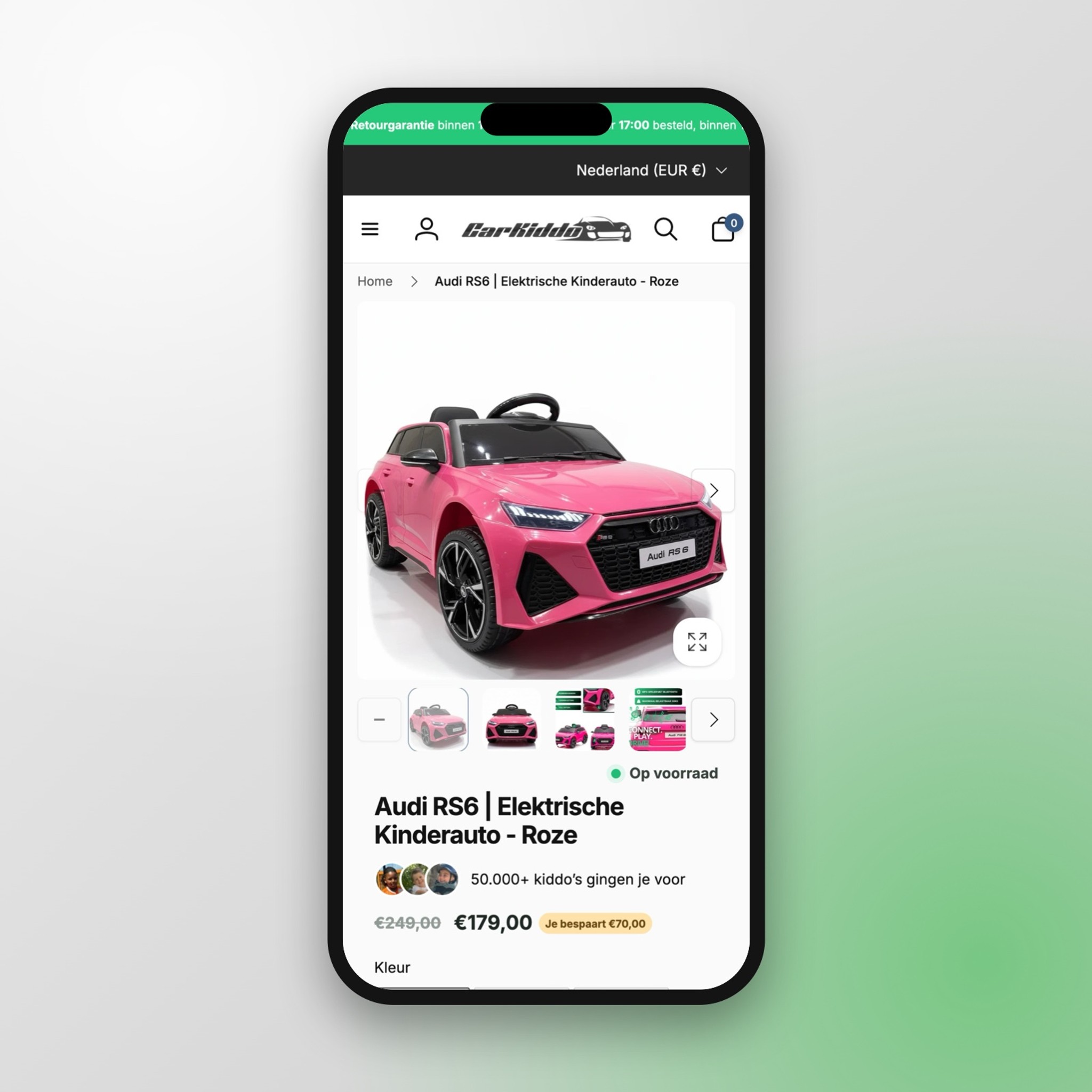 Productpagina van CarKiddo op een telefoon