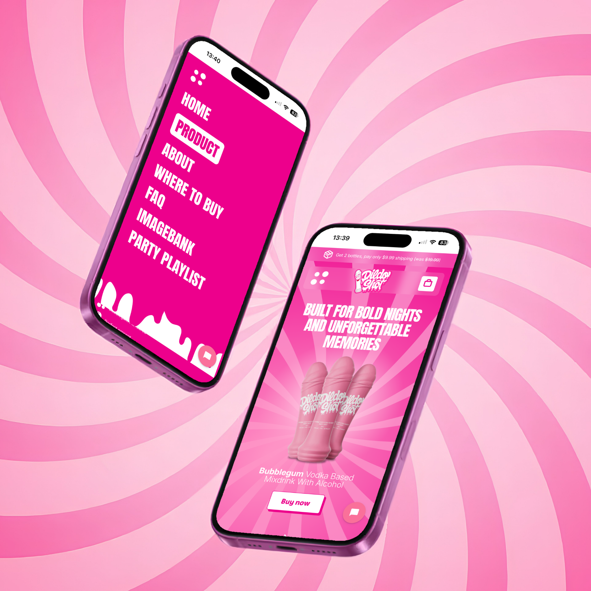Webshop van Dildo Shot op twee telefoons tegen een roze achtergrond