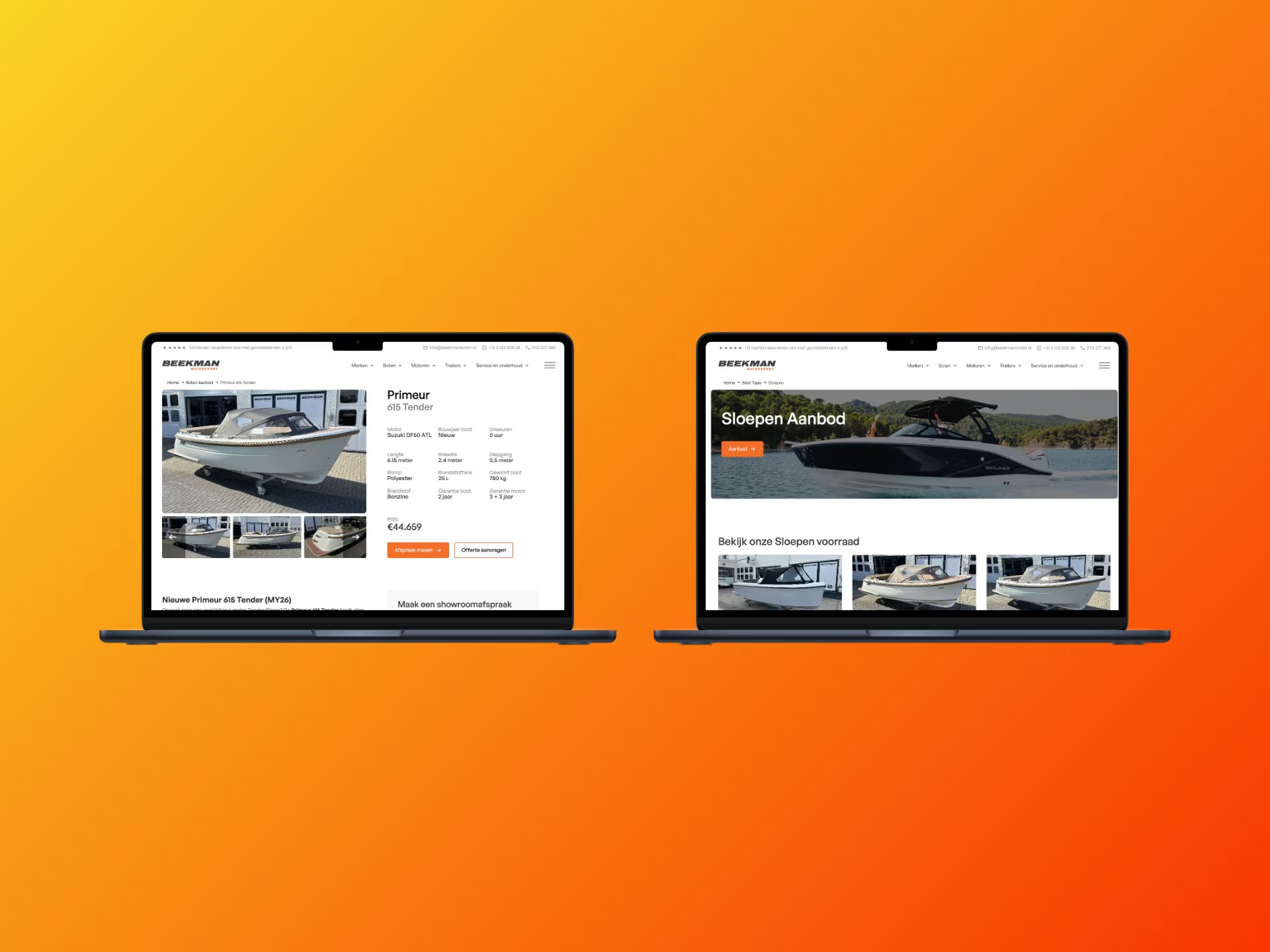Productpagina van een Primeur-tender en het sloepenaanbod van Beekman Watersport