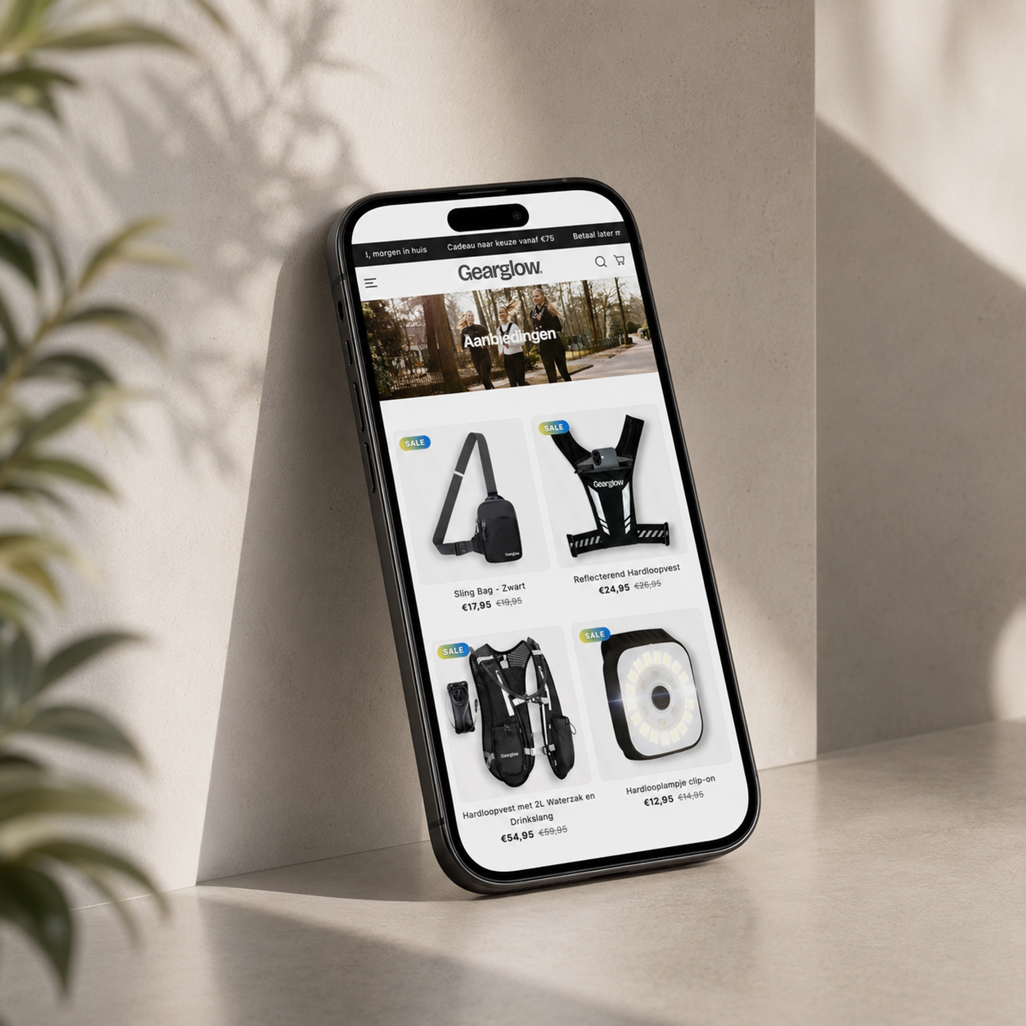 Productpagina van de GearGlow webshop op mobiel