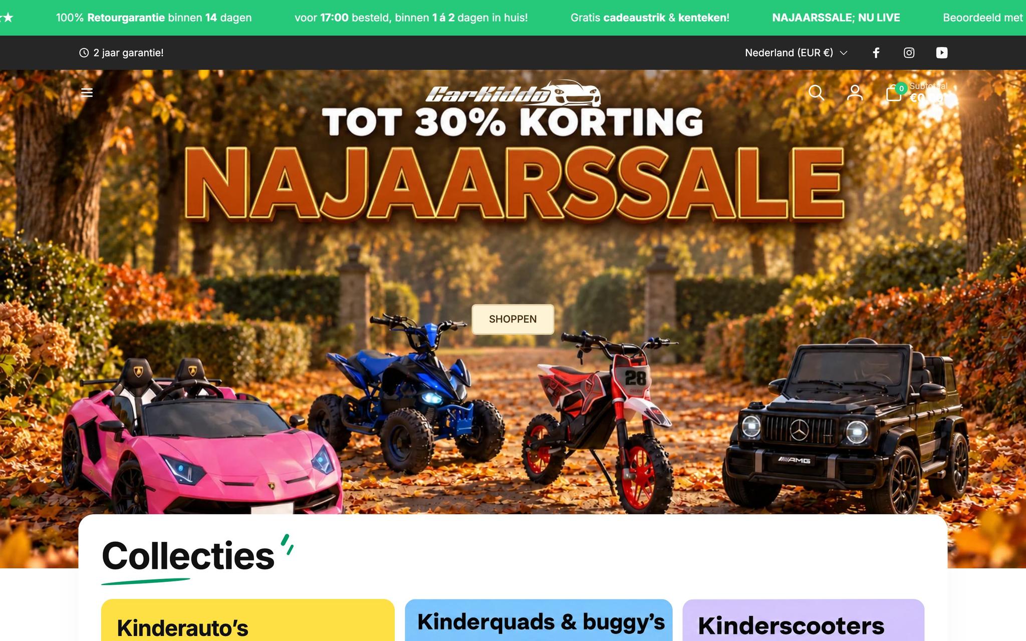 Homepage van de CarKiddo webshop met de najaarssale