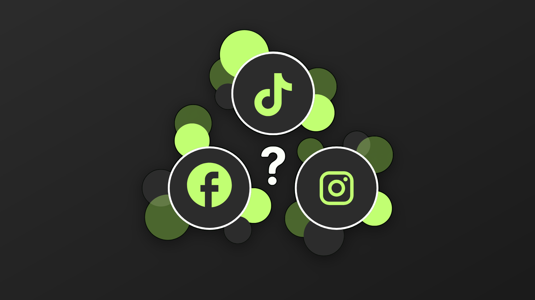 Logo's van TikTok, Facebook en Instagram met een vraagteken ertussen