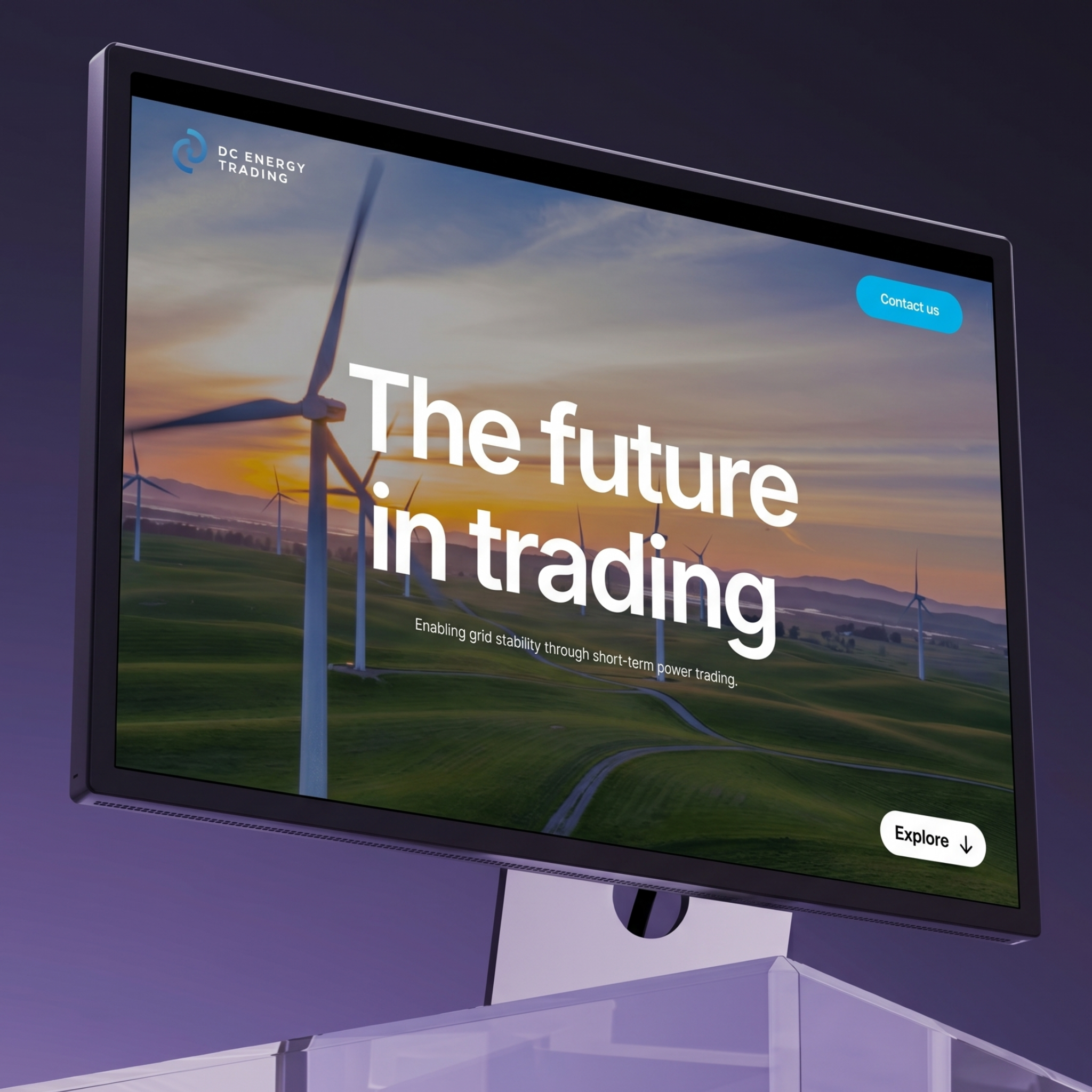 Website van DC Energy Trading op een scherm, met windturbines in beeld