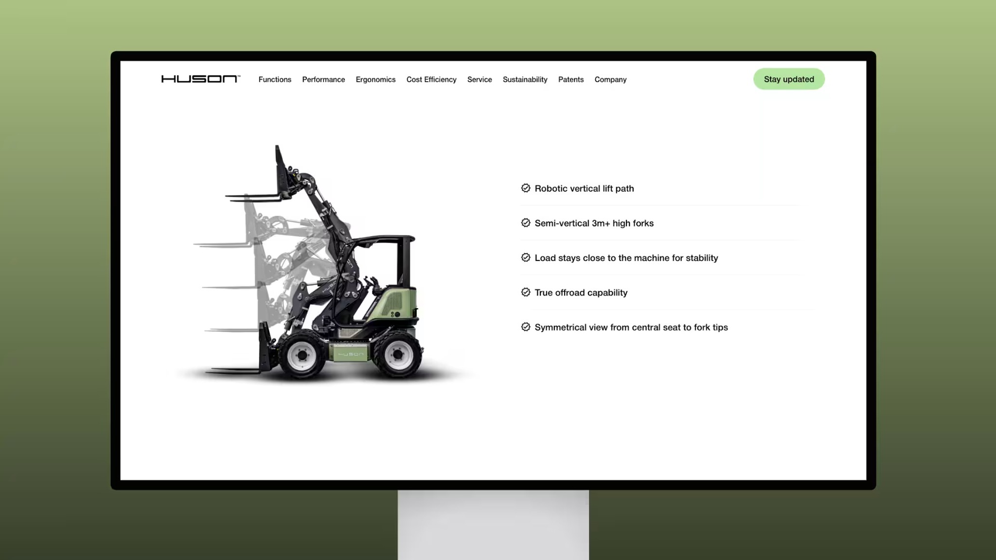 Productpagina van de Huson forklift met de belangrijkste eigenschappen
