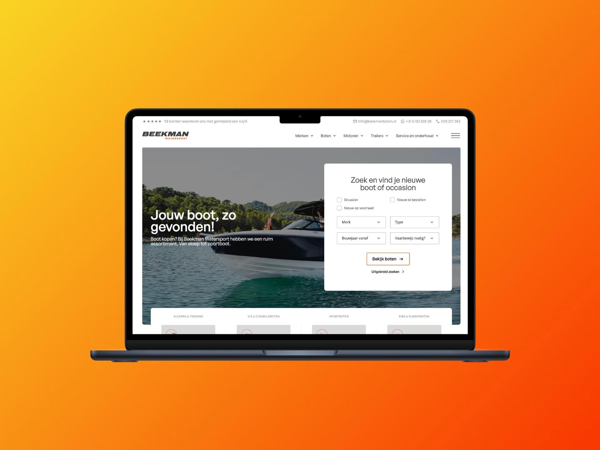 Homepage van Beekman Watersport met de zoekmodule voor nieuwe boten en occasions, gebouwd in Webflow