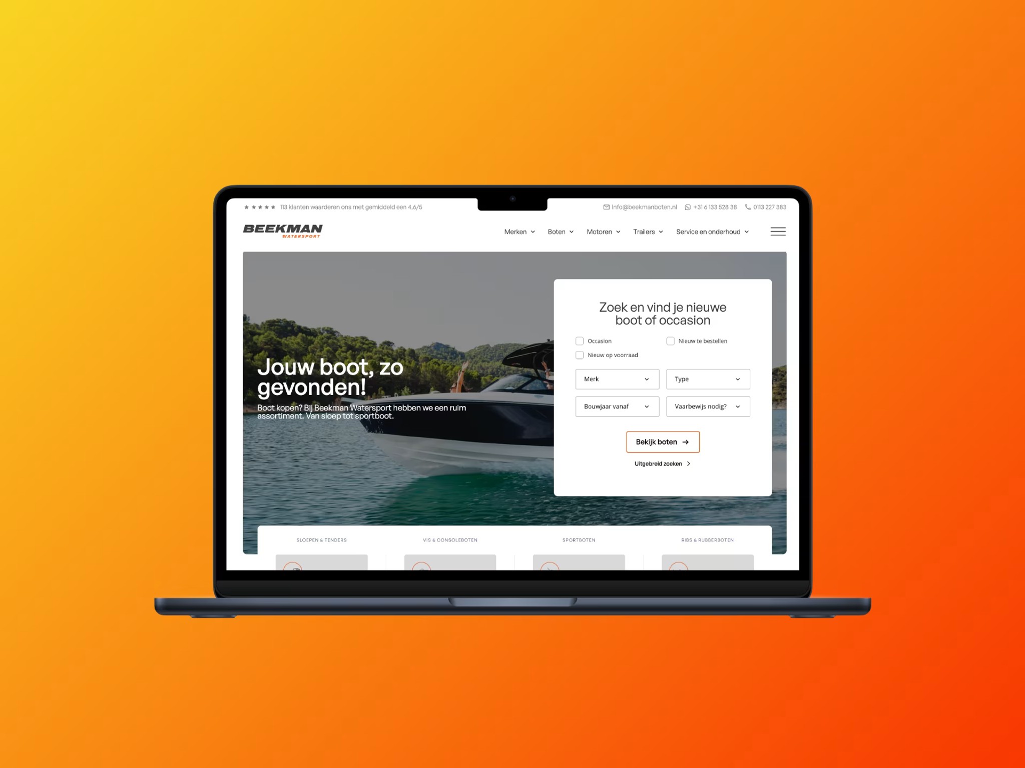 Homepage van Beekman Watersport met de zoekmodule voor nieuwe boten en occasions