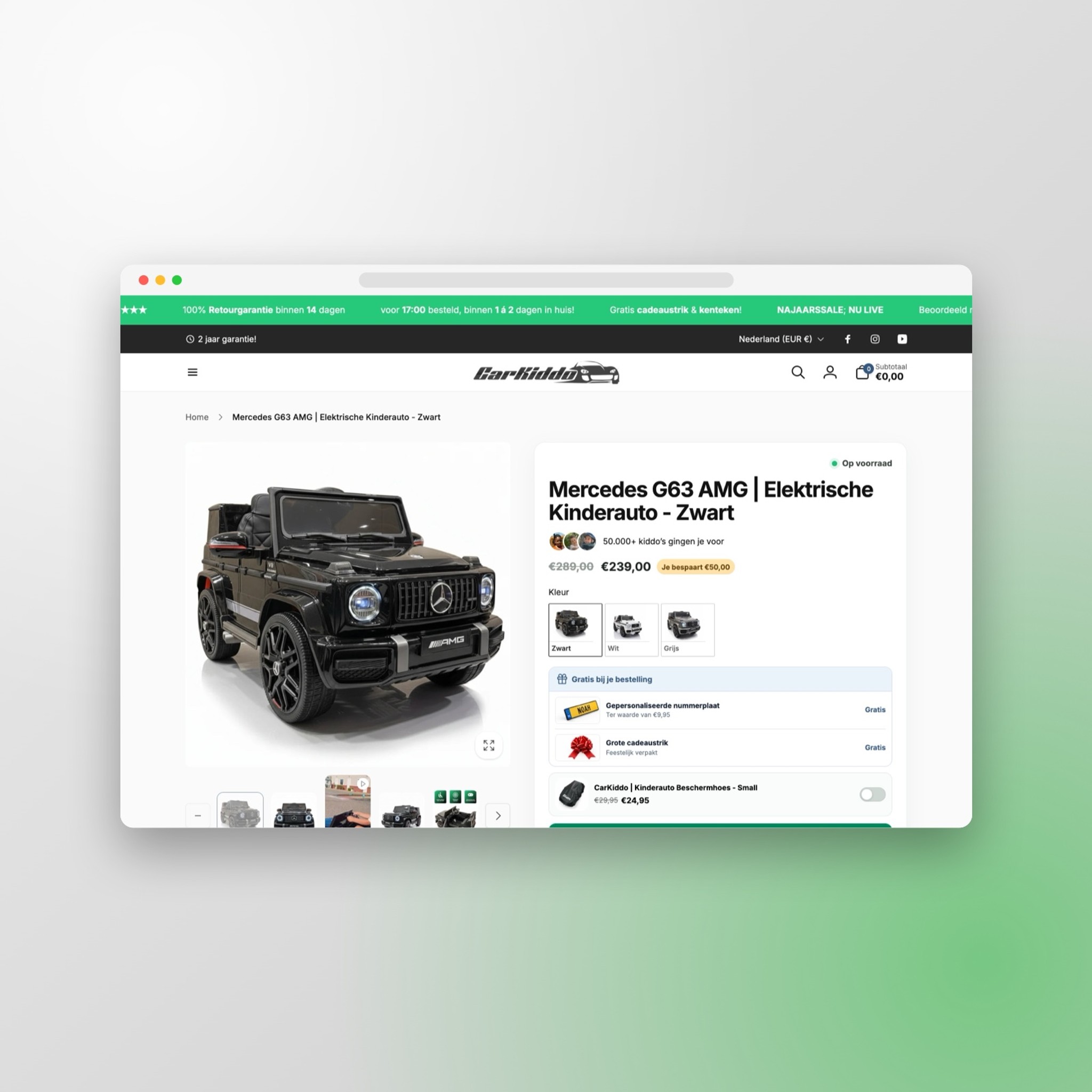 Productpagina van een Mercedes kinderauto in de CarKiddo webshop