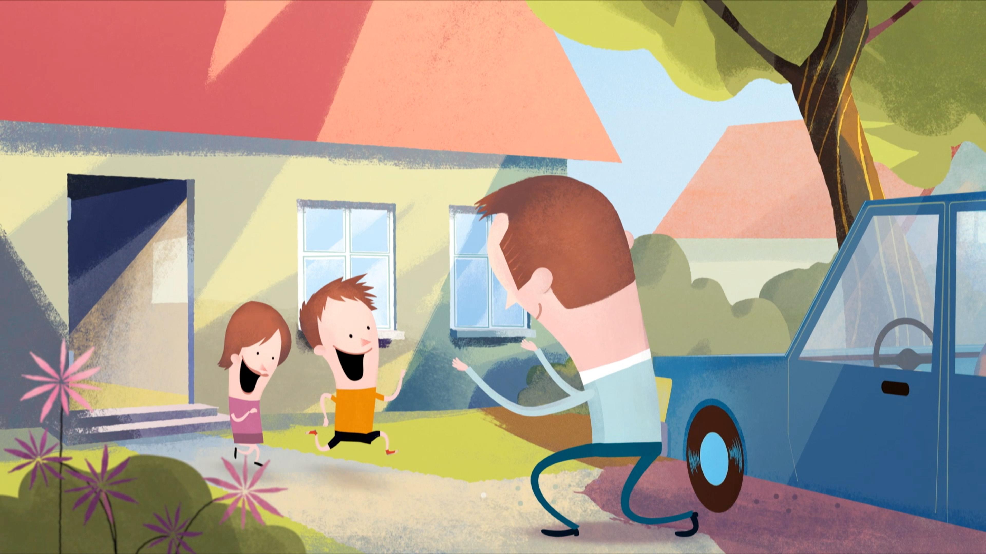 dad greeting his children