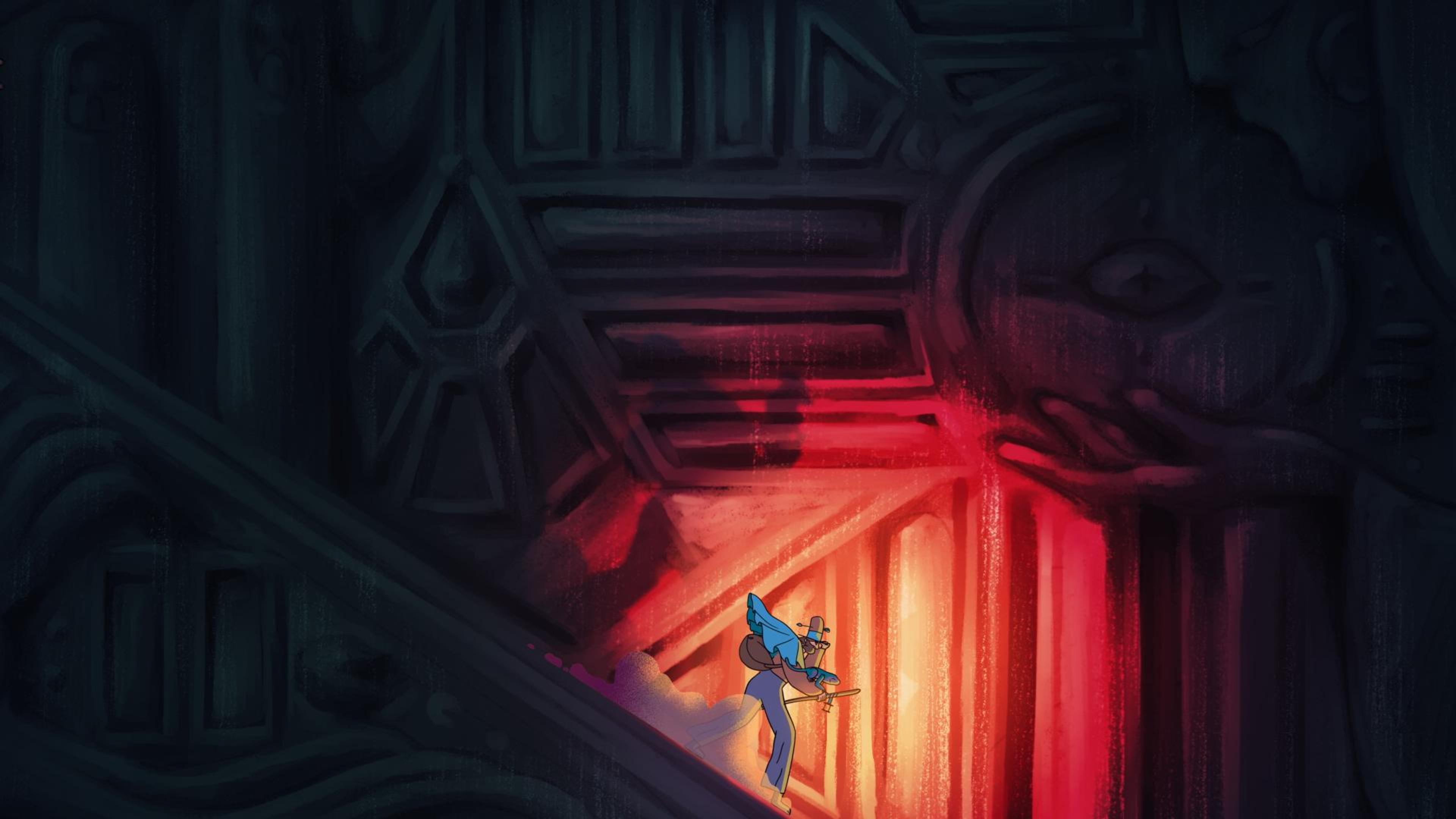 man sliding down dimly lit stairs