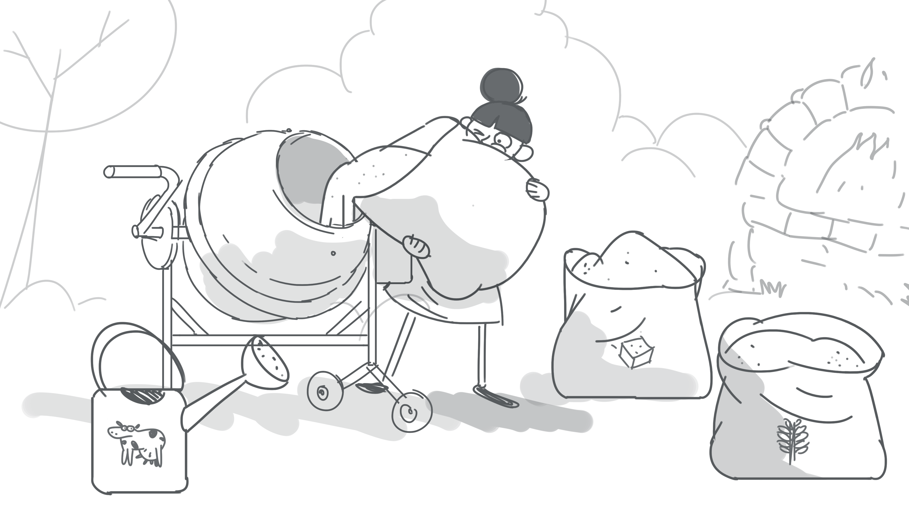 Sketch of Rosa getting ready to build houses in the game Rosas Nabolag