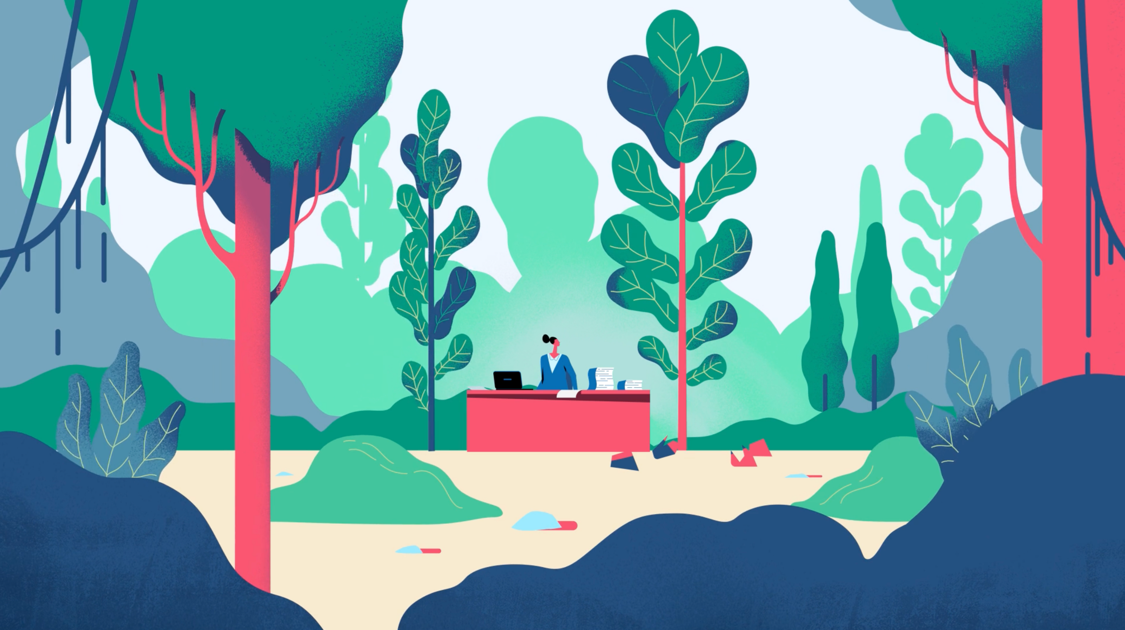 Woman in a office in a forrest