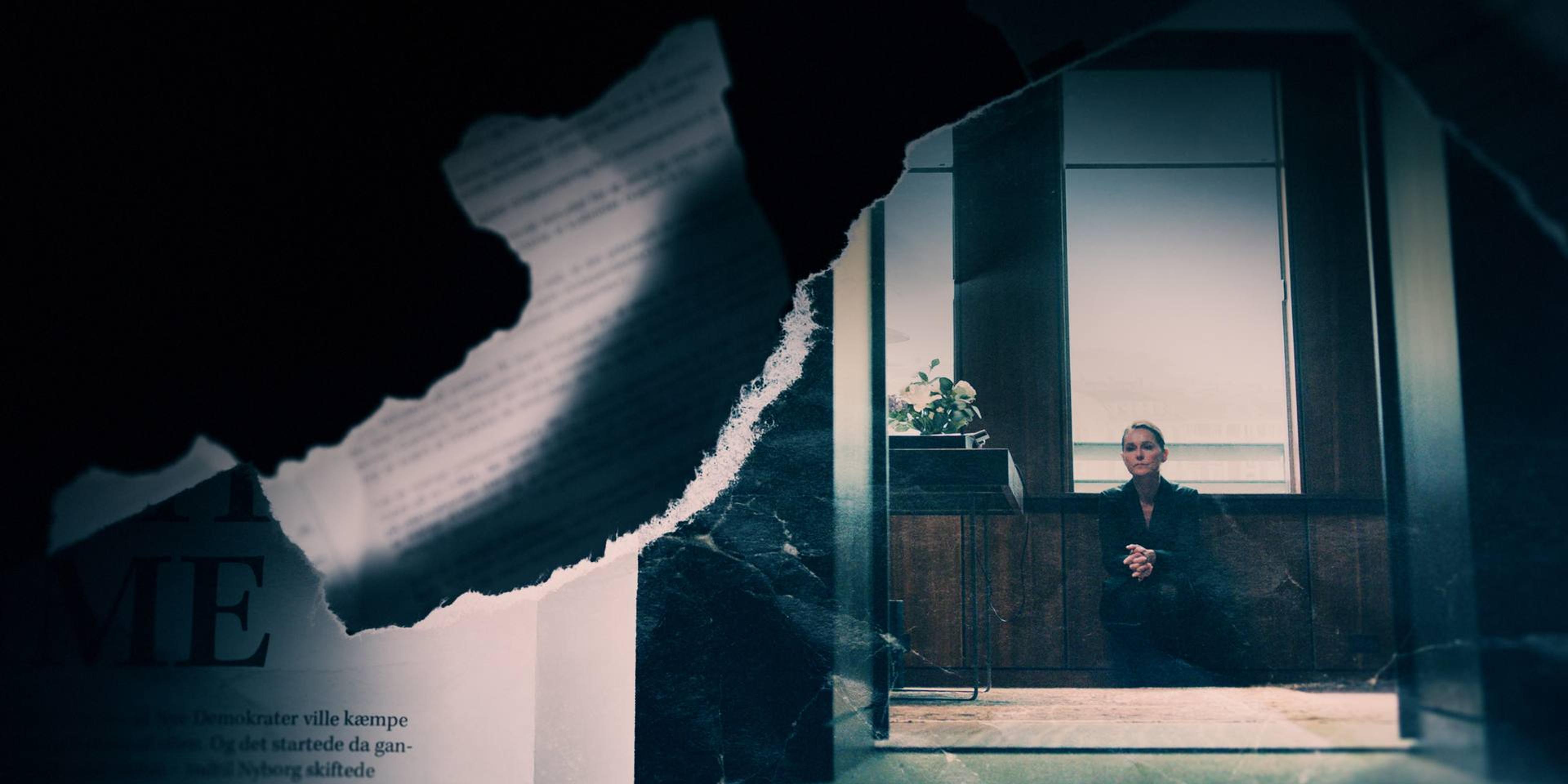 torn photo of woman in front of window