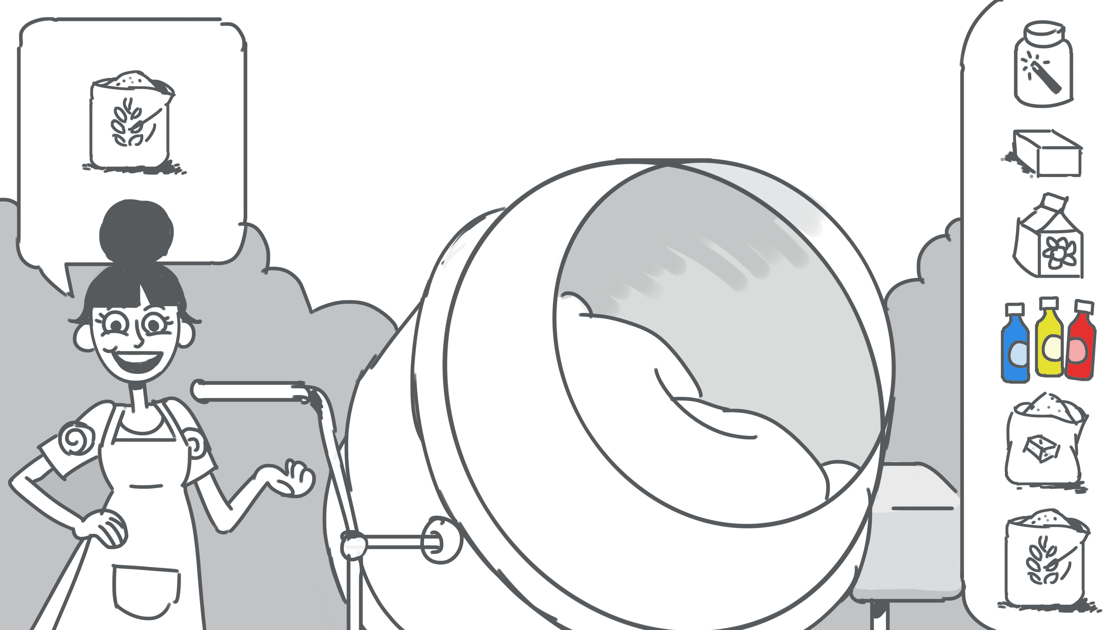 Sketch of Rosa mixing the cake batter in the game Rosas Nabolag