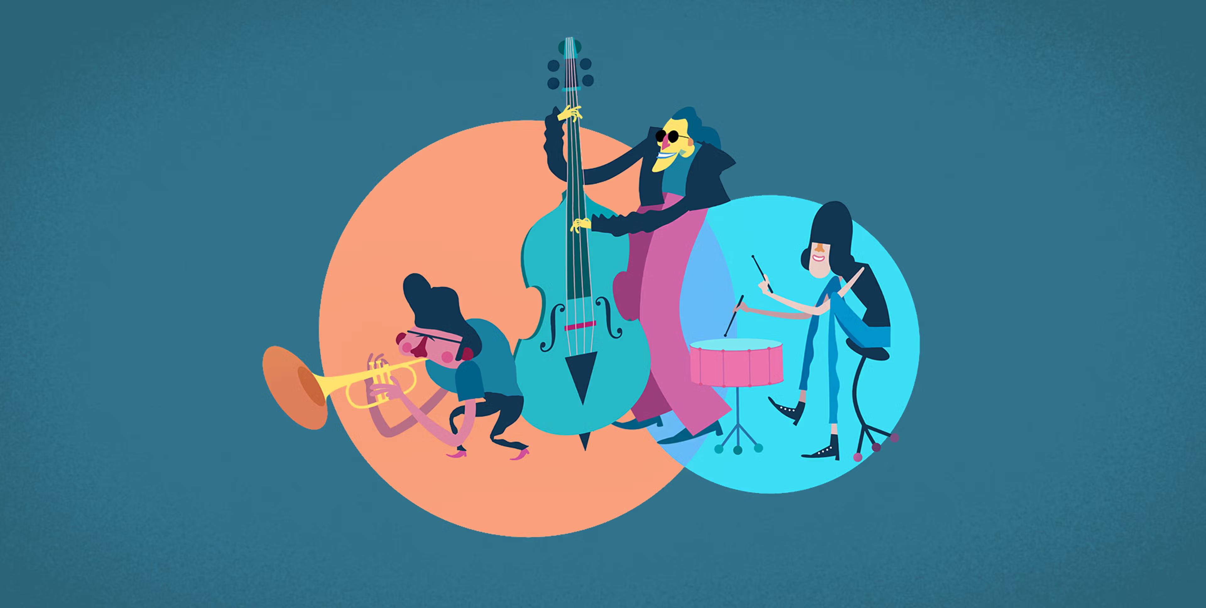 Musical band playing on drum, trumpet and double bass