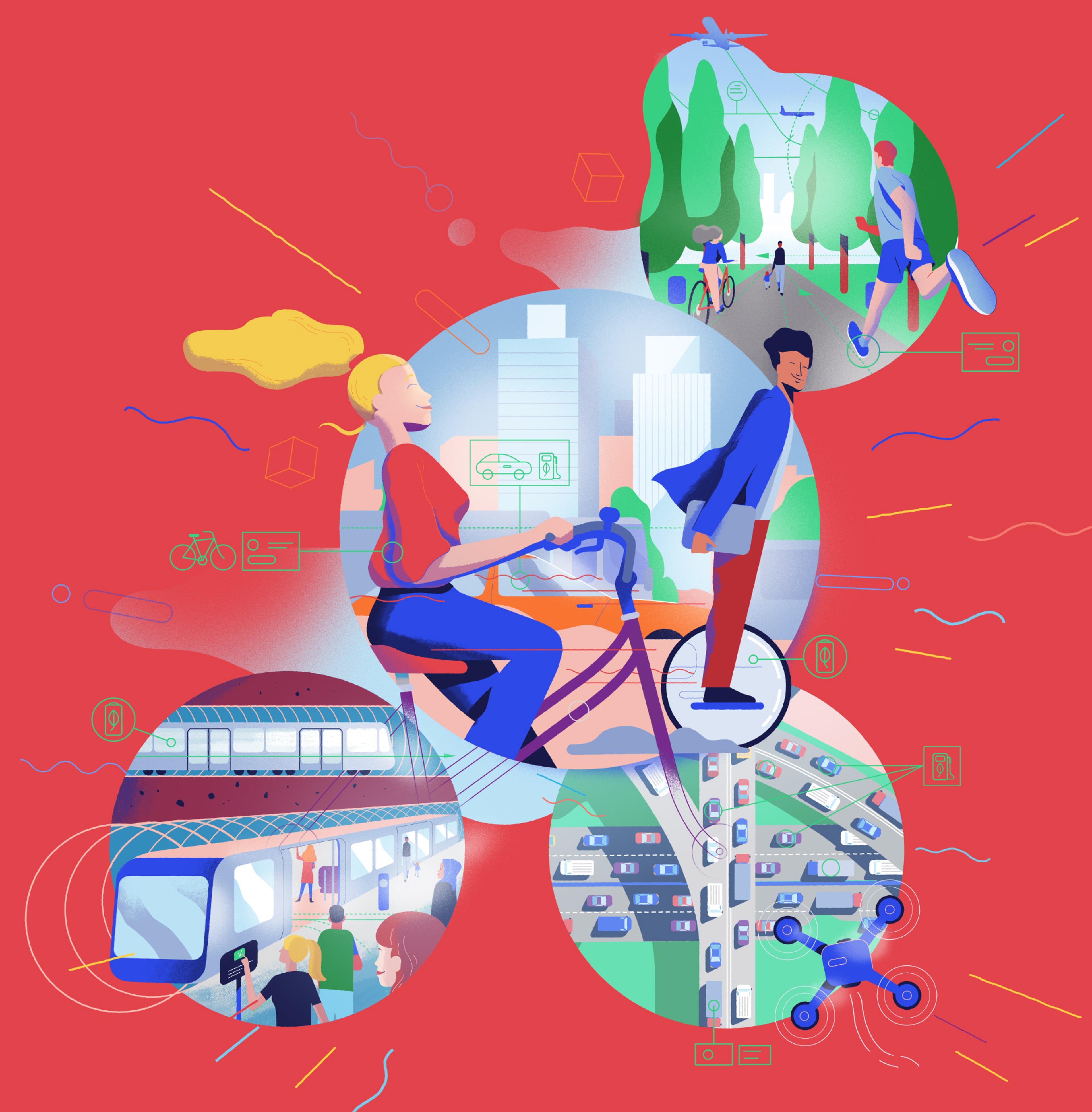 illustrated futuristic society and technological advancements