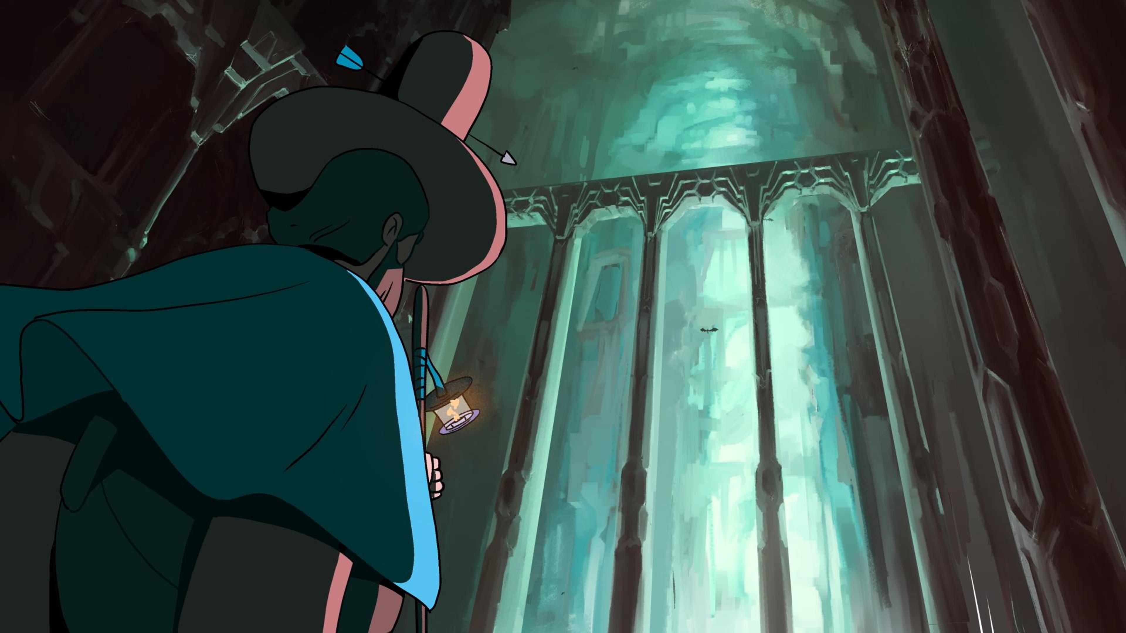 Man walking through huge archways