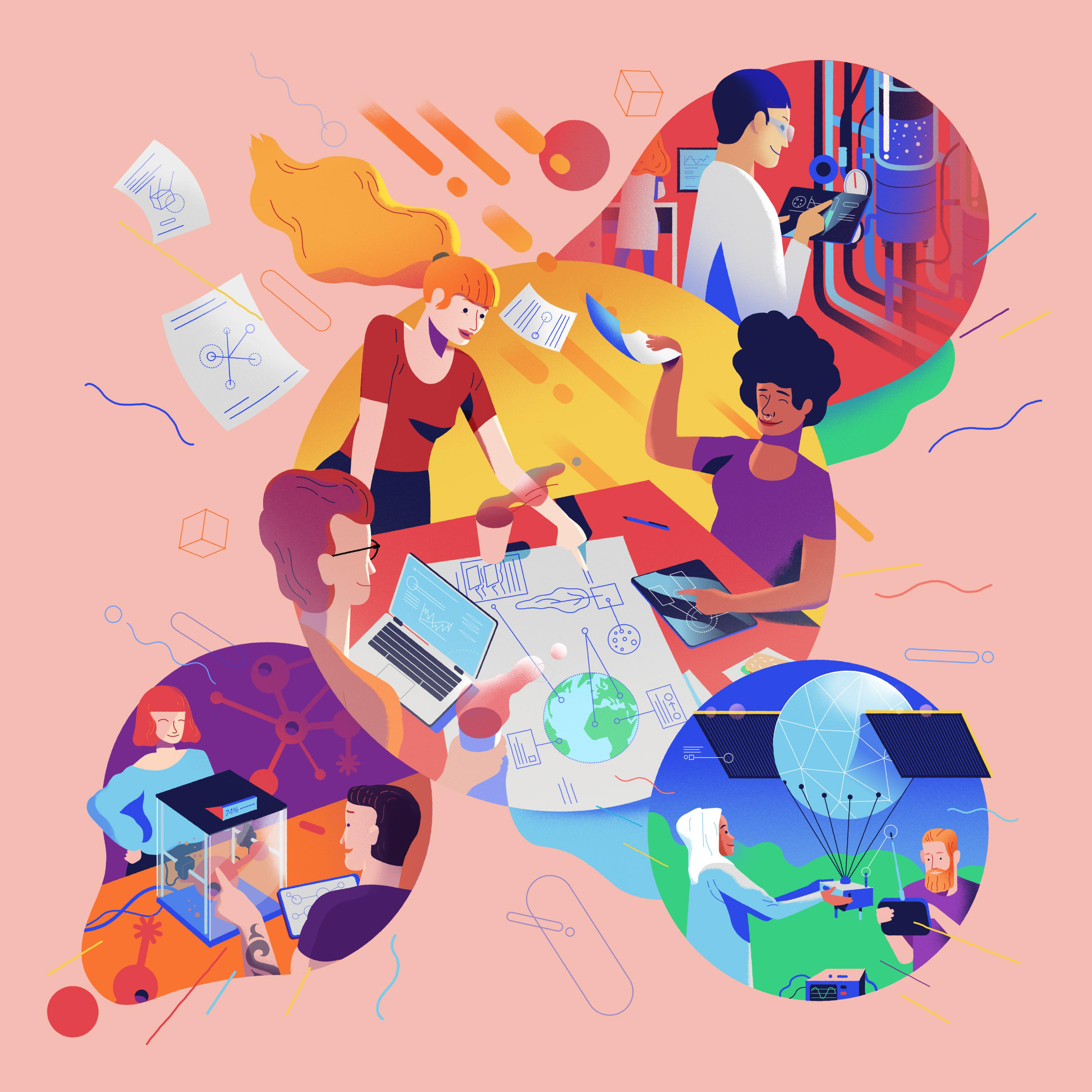 illustrated stem university students collaborating on a group project