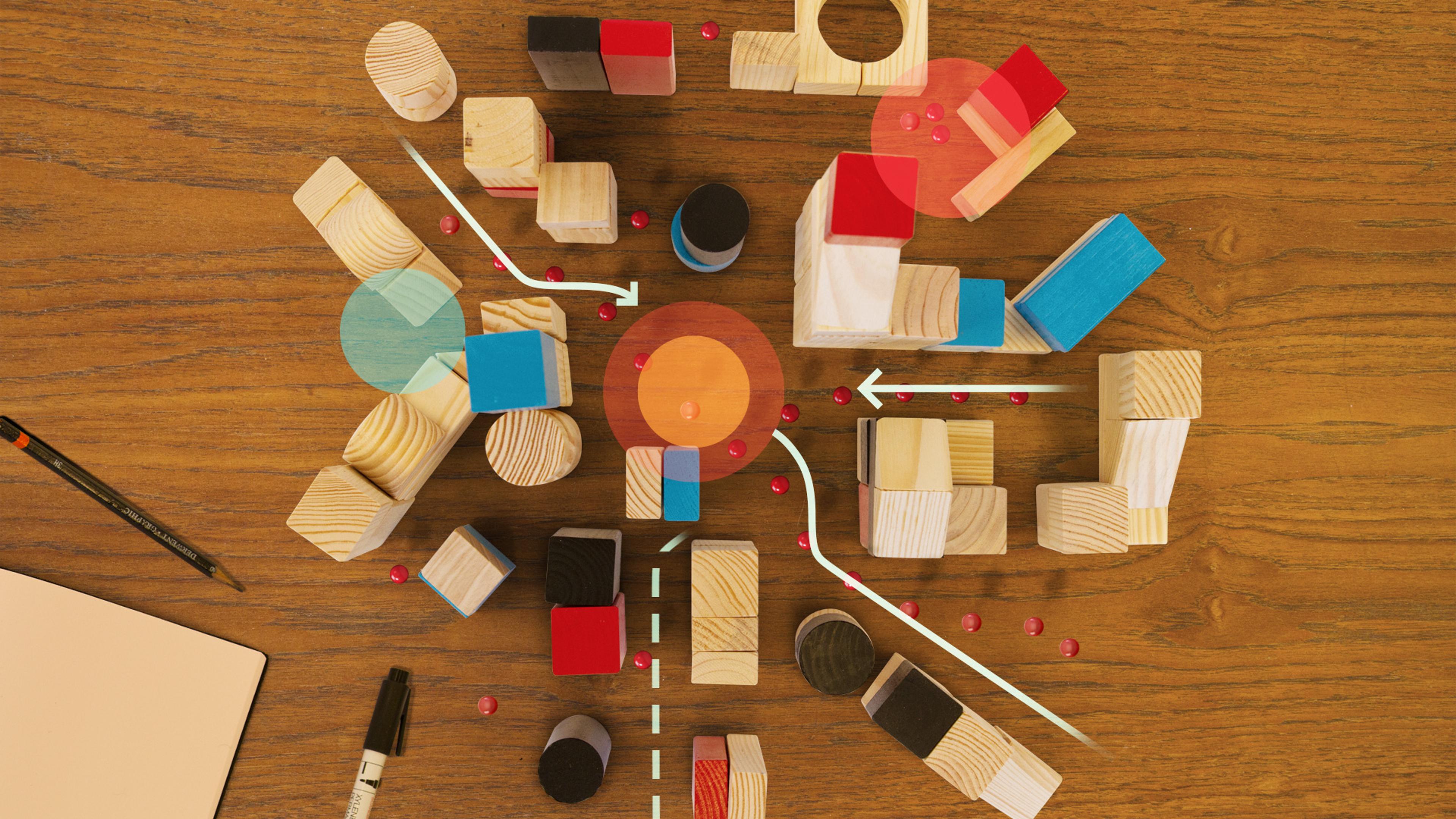 wooden blocks and animation graphic elements overlay