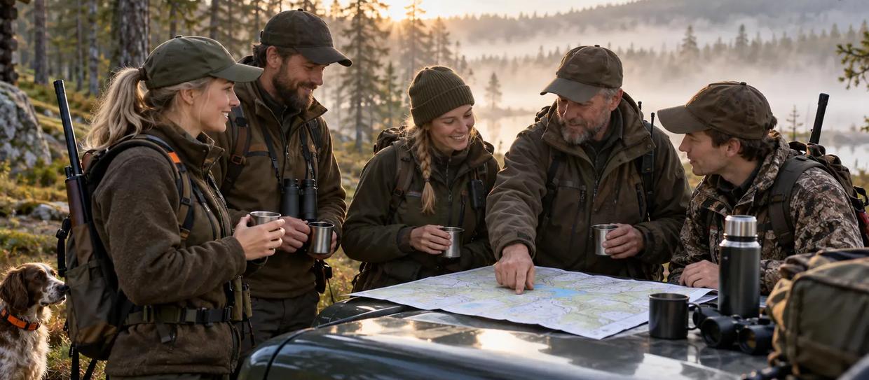 Jaktlag samlas runt en karta före morgonens jakt
