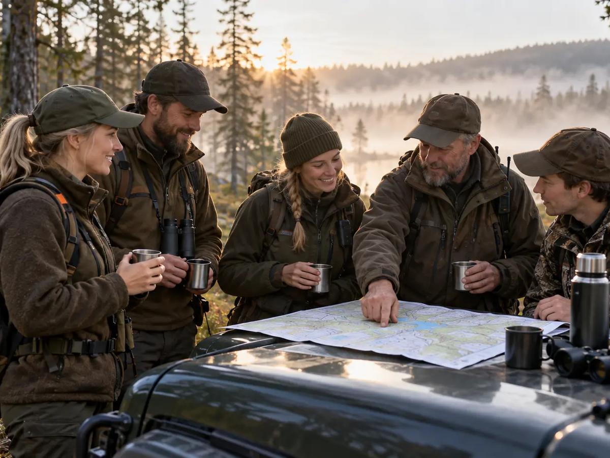 Jägare samlade runt en karta på en motorhuv före jakten