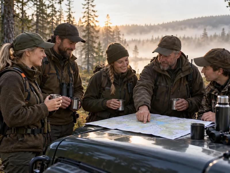 Jägare samlade runt en karta på en motorhuv före jakten