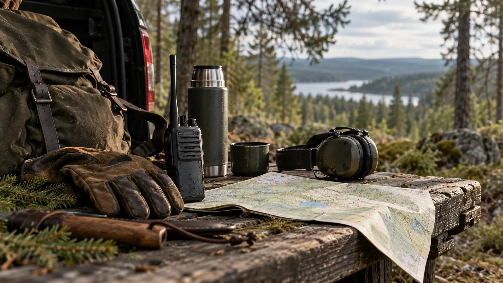 Jaktradio, termos, hörselskydd och karta på en träbänk i skogen