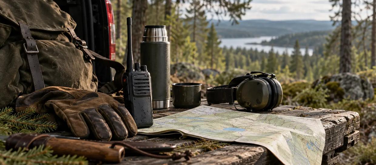 Jaktradio, termos, hörselskydd och karta på en träbänk i skogen