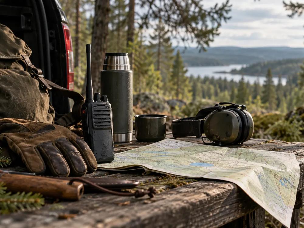 Jaktradio, termos och karta på en träbänk
