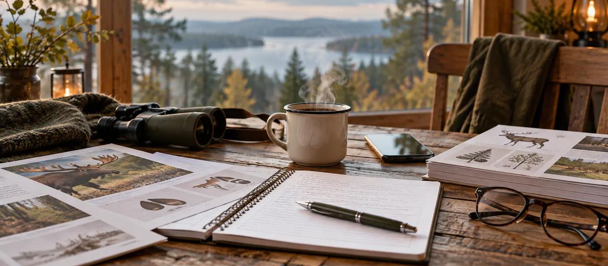 Studiematerial, anteckningsbok och kaffe på ett bord vid ett fönster mot sjön