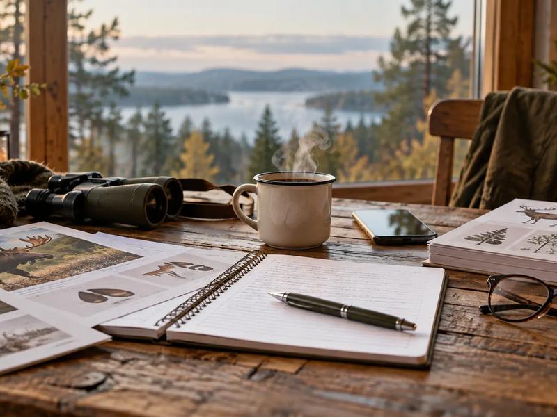 Anteckningsbok, studiematerial och en kopp kaffe vid ett fönster