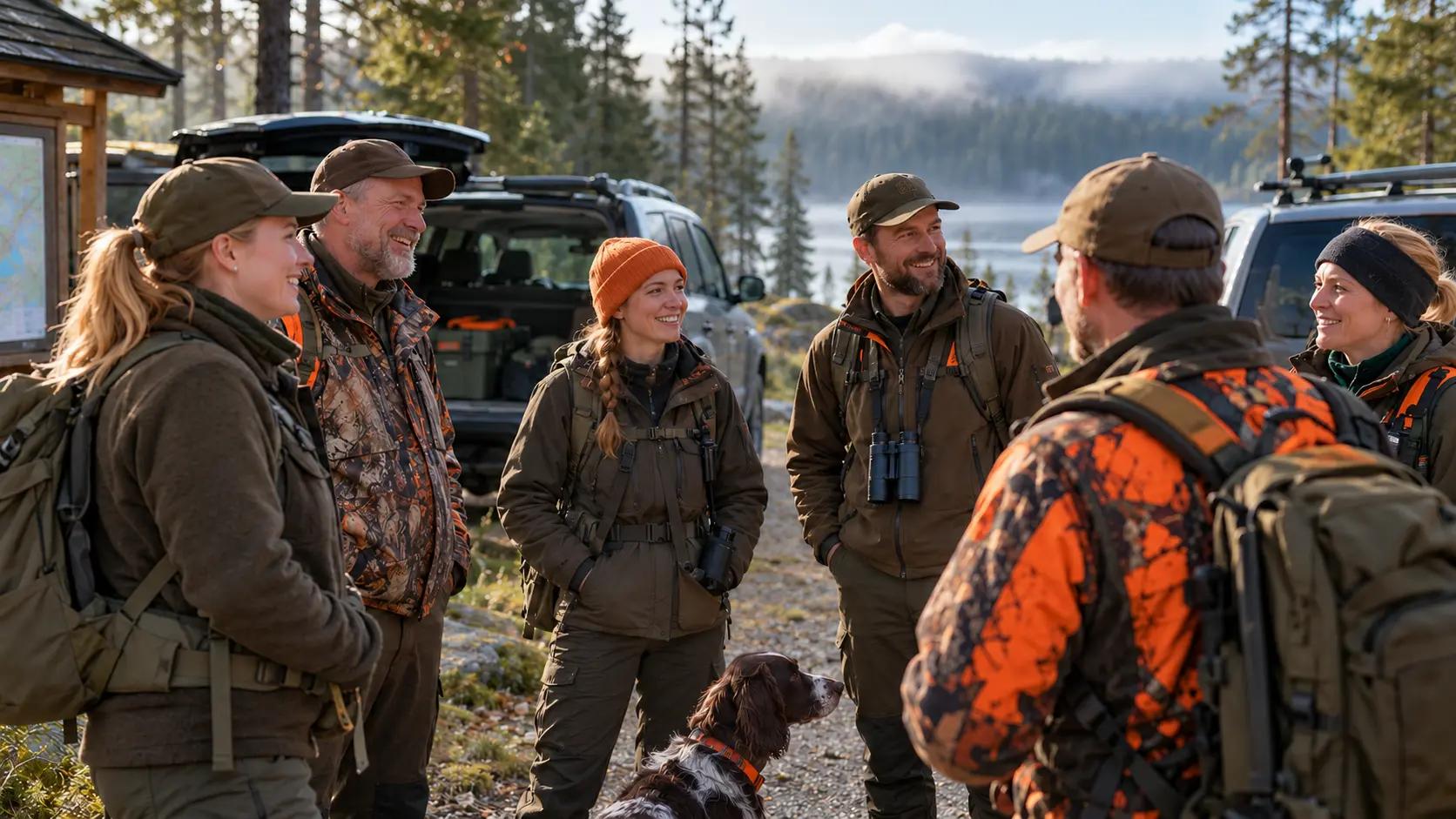 Kvinnor och män i ett jaktlag pratar vid bilarna, med en hund bredvid