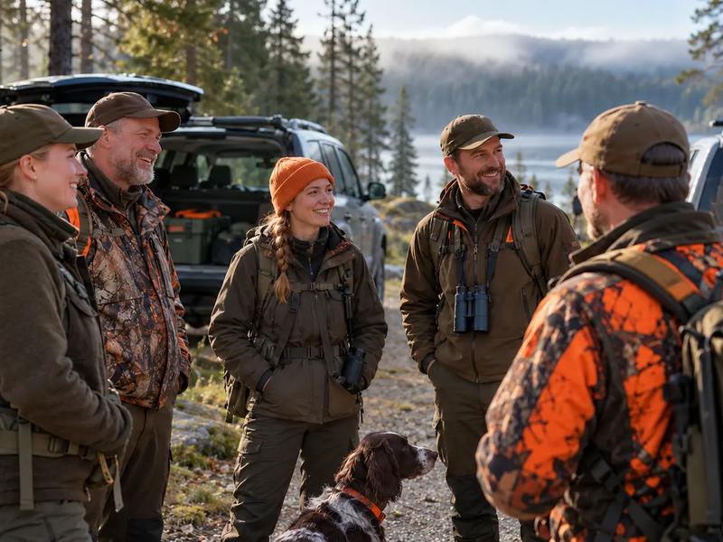 Kvinnor och män i ett jaktlag pratar vid bilarna, med en hund bredvid