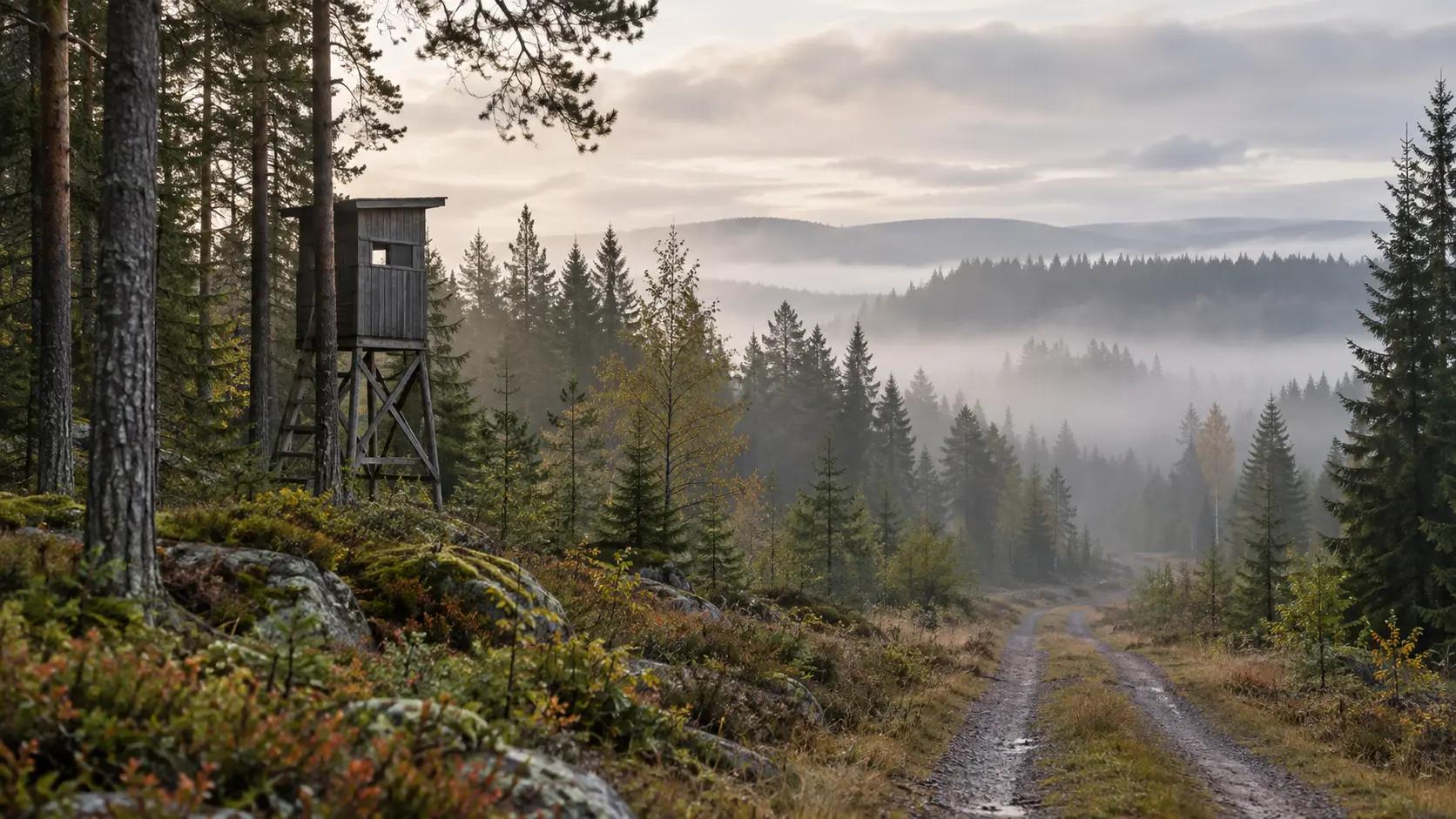 Ett jakttorn vid en skogsväg i morgondimma