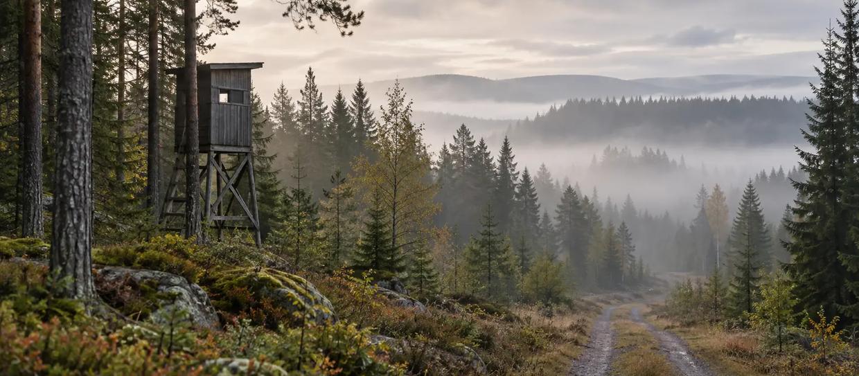 Ett jakttorn vid en skogsväg i morgondimma