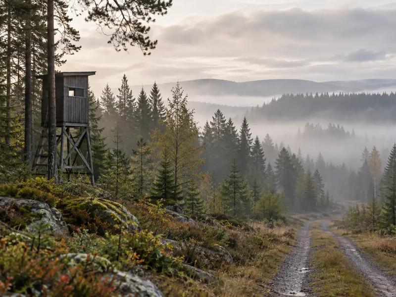 Ett jakttorn vid en skogsväg i morgondimma