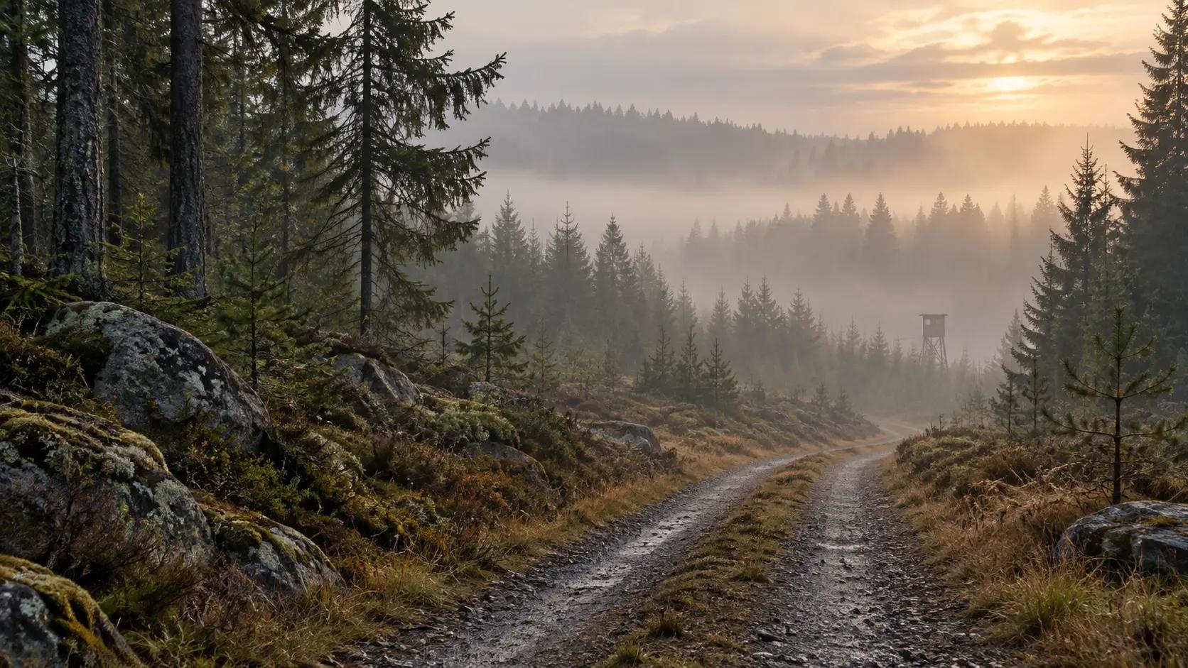 En skogsväg genom dimmig barrskog