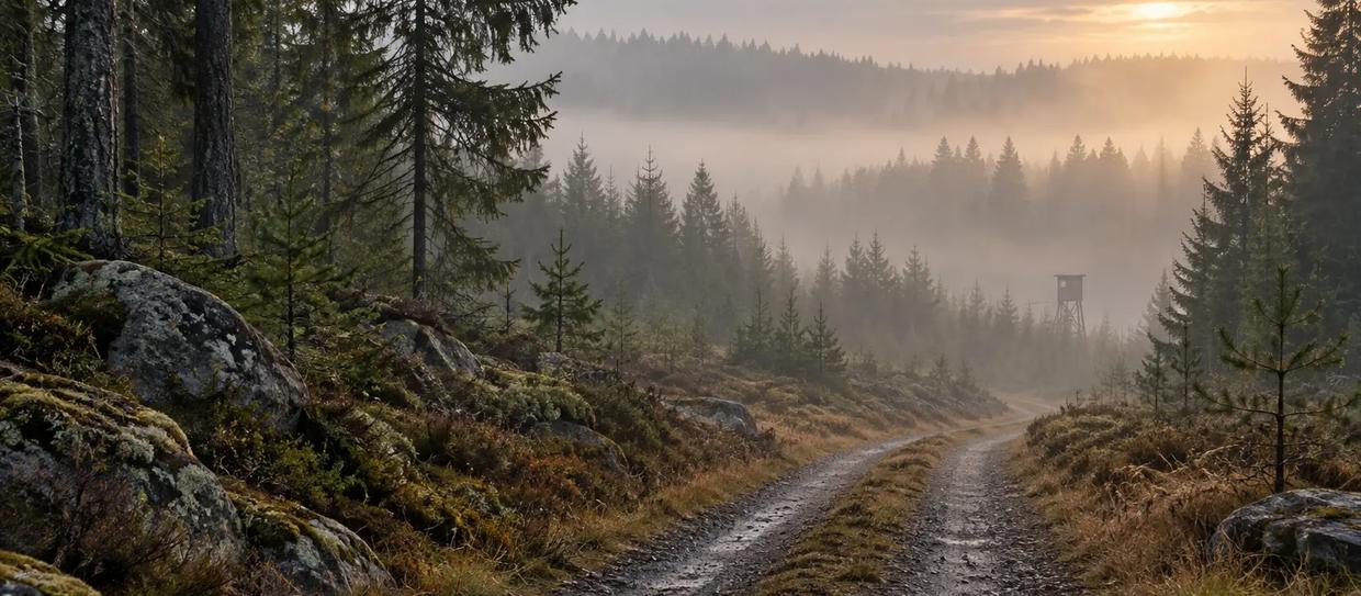 En grusväg genom svensk skog i morgondimma