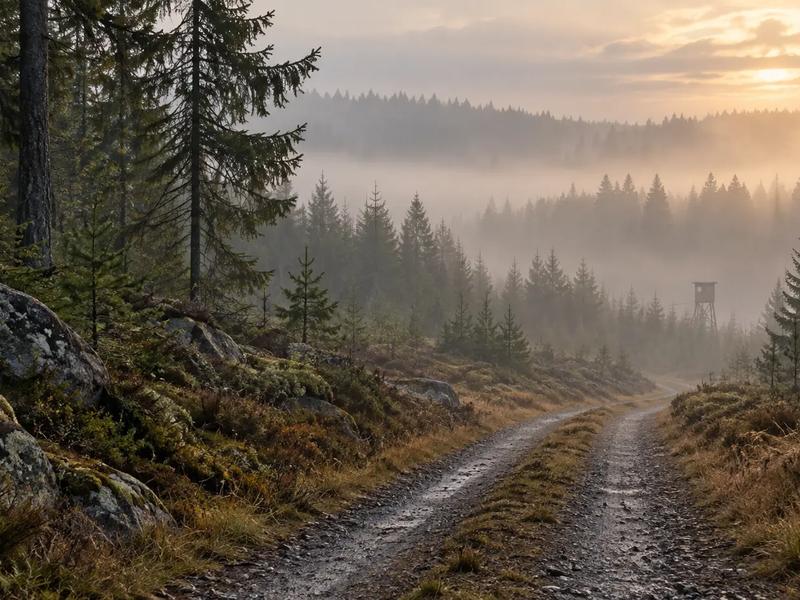 En skogsväg genom dimmig barrskog