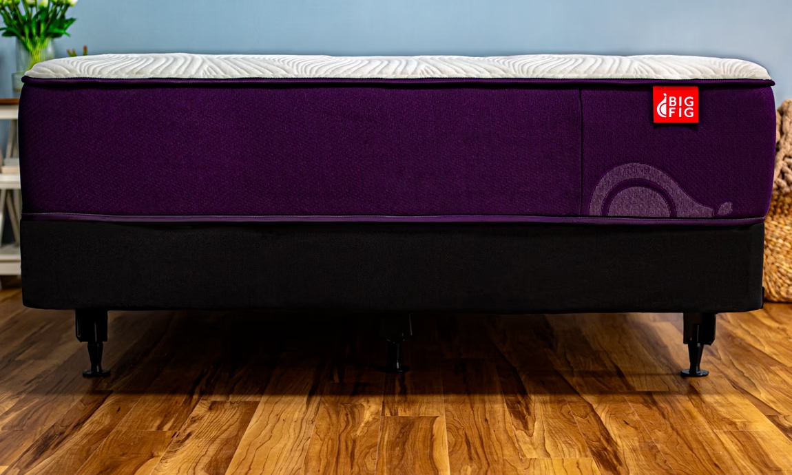 Big Fig Classic mattress and Heavy-Duty Foundation on a wood floor with a plant and blue wall in the background