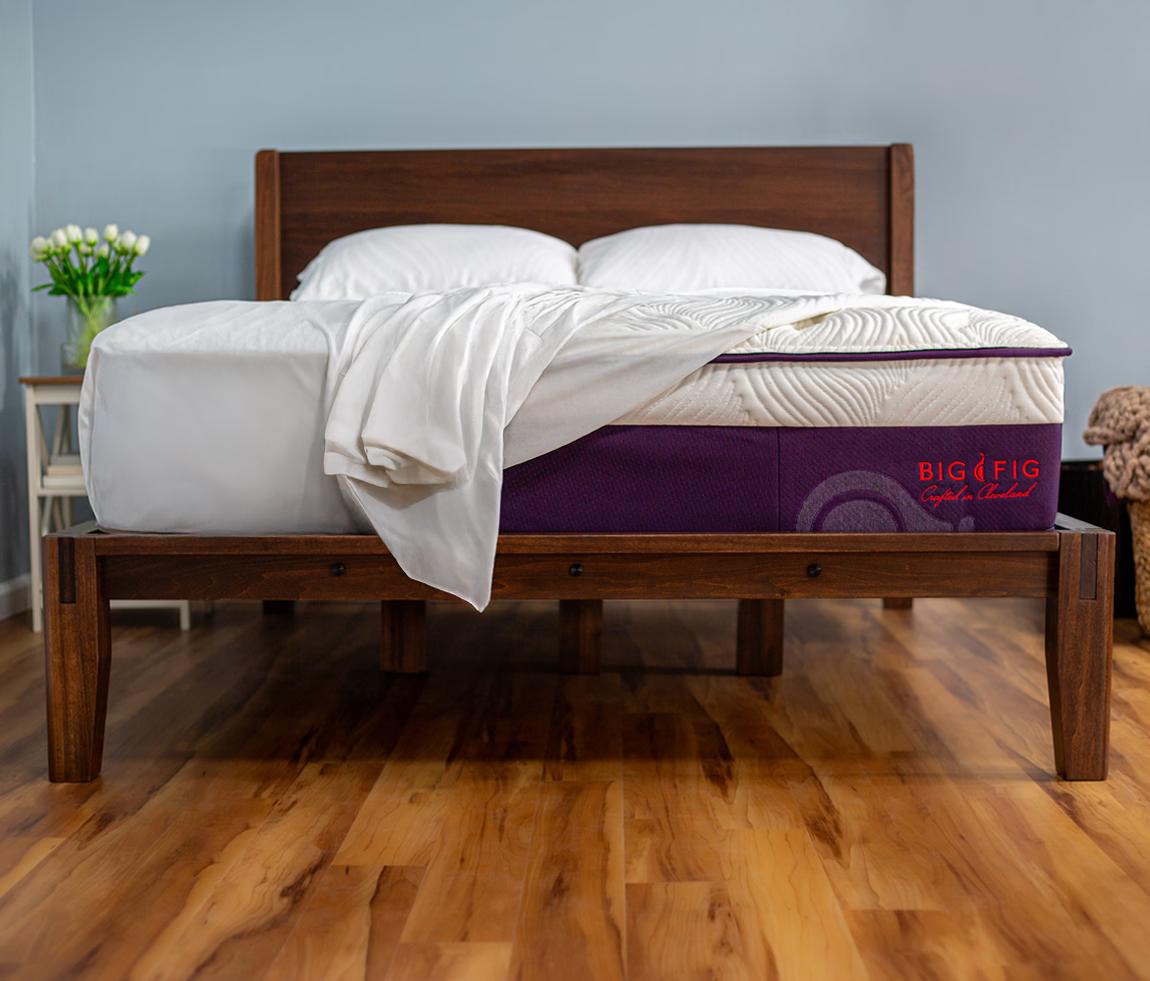 Big Fig Classic mattress and Heavy-Duty Foundation on a wood floor with a plant and blue wall in the background