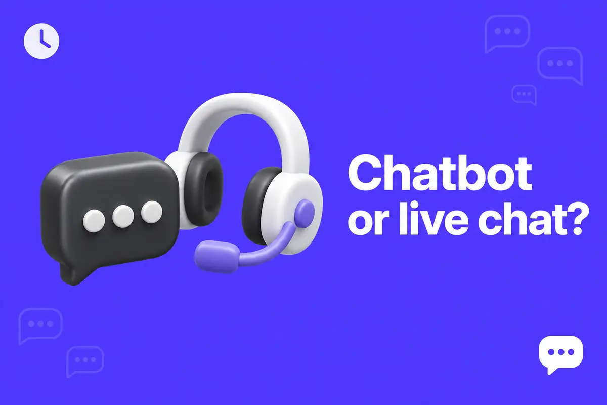 Purple editorial cover for Chatbot vs Live Chat for a Low-Volume B2B Website