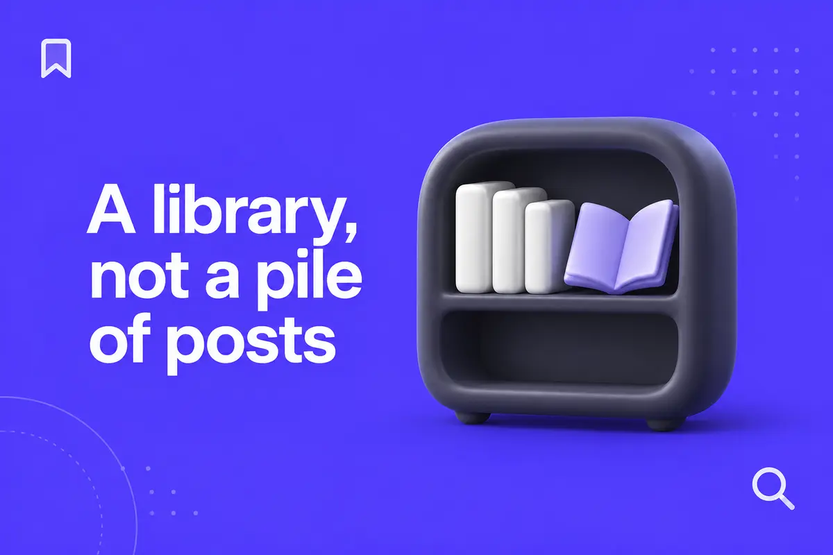 Purple editorial cover for Resource Hub vs Blog: Build a Library Buyers Can Actually Navigate